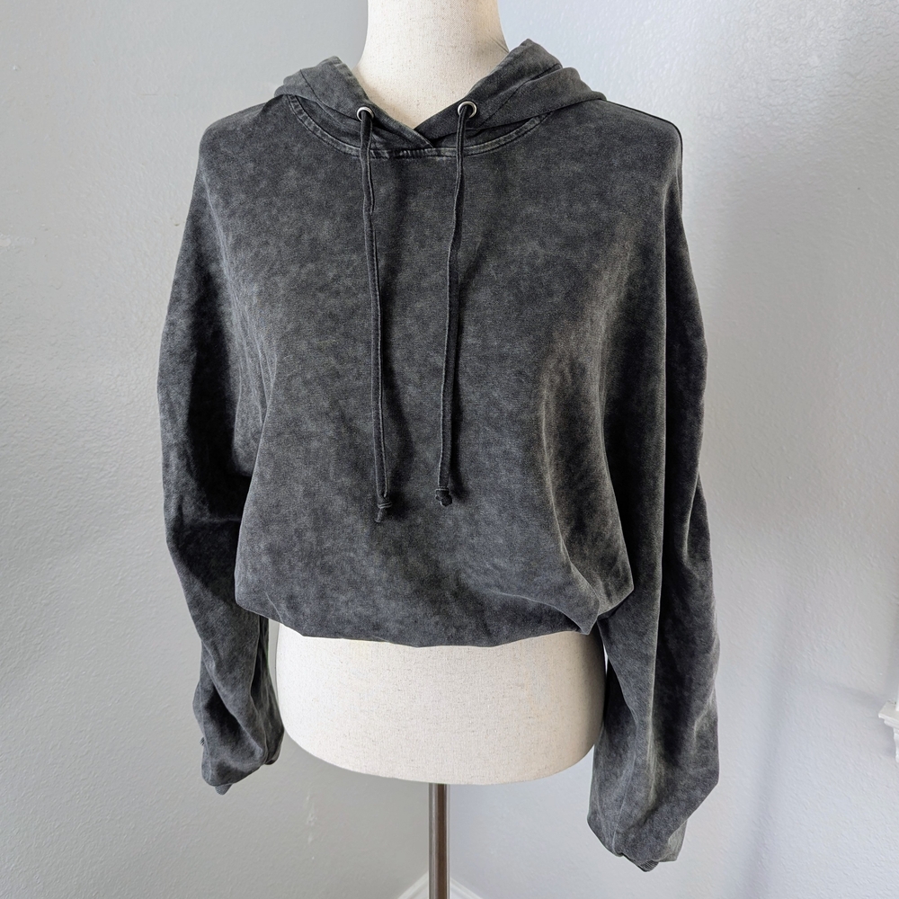 Washed Black Ruched Sleeve Cropped Hoodie Y2K Grunge Indie Streetwear